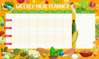 vitaminas alimentarias, horario semanal del planificador de comidas vector
