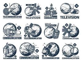Telecommunication and television satellite icons vector