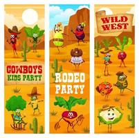 Rodeo cowboy party cartoon vegetable characters vector