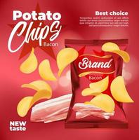Realistic bacon flavored potato chips package vector
