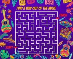 Labyrinth maze game with mexican sombrero, guitar vector