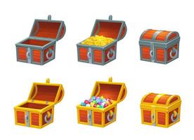 Cartoon chest treasure with golden coins and gems vector