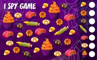 Halloween I spy game worksheet with holiday sweets vector