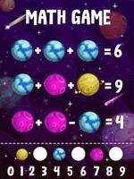 Math game puzzle worksheet with cartoon planets vector