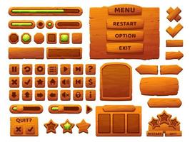 Wooden buttons cartoon interface, game UI elements vector