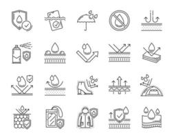 Waterproof icons, water proof fabrics line symbols vector