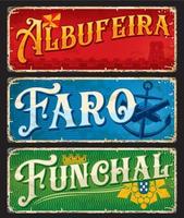 Funchal, Faro, Albufeira, Portuguese city plates vector