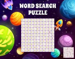 Space planets, shuttle, rockets word search puzzle vector