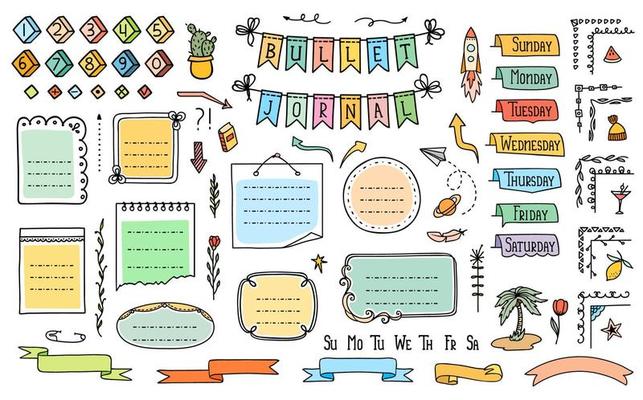 Bullet journal color doodle, diary calendar frames