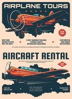 Aircraft rental and airplane tours retro posters vector