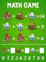 Math game worksheet, cartoon elf and gnome house vector