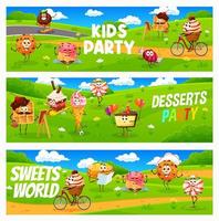 personajes de postres de dibujos animados de fiesta infantil en pradera vector