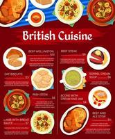 menú de comida de cocina británica con platos de restaurante