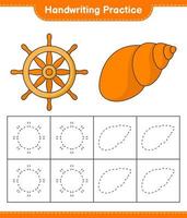 Handwriting practice. Tracing lines of Ship Steering and Sea Shells. Educational children game, printable worksheet, vector illustration