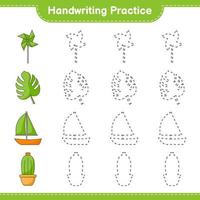 Handwriting practice. Tracing lines of Pinwheels, Cactus, Monstera, and Sailboat. Educational children game, printable worksheet, vector illustration