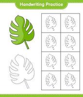 práctica de escritura a mano. trazando líneas de monstera. juego educativo para niños, hoja de cálculo imprimible, ilustración vectorial vector