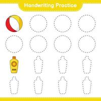 Handwriting practice. Tracing lines of Sunscreen and Beach Ball. Educational children game, printable worksheet, vector illustration