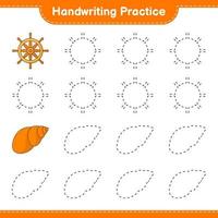 Handwriting practice. Tracing lines of Ship Steering and Sea Shells. Educational children game, printable worksheet, vector illustration