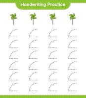 Handwriting practice. Tracing lines of Pinwheels. Educational children game, printable worksheet, vector illustration