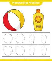 Handwriting practice. Tracing lines of Sunscreen and Beach Ball. Educational children game, printable worksheet, vector illustration