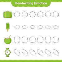 Handwriting practice. Tracing lines of Luggage, Ice Cream, Coconut, and Watches. Educational children game, printable worksheet, vector illustration