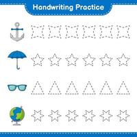 Handwriting practice. Tracing lines of Globe, Sunglasses, Umbrella, and Anchor. Educational children game, printable worksheet, vector illustration