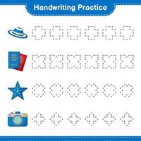 Handwriting practice. Tracing lines of Hat, Passport, Starfish, and Camera. Educational children game, printable worksheet, vector illustration