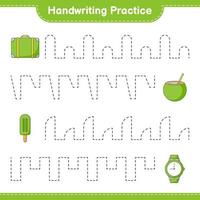 Handwriting practice. Tracing lines of Luggage, Ice Cream, Coconut, and Watches. Educational children game, printable worksheet, vector illustration