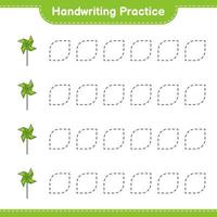 Handwriting practice. Tracing lines of Pinwheels. Educational children game, printable worksheet, vector illustration