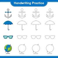 Handwriting practice. Tracing lines of Globe, Sunglasses, Umbrella, and Anchor. Educational children game, printable worksheet, vector illustration
