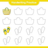 Handwriting practice. Tracing lines of Beach Bag and Flip Flop. Educational children game, printable worksheet, vector illustration