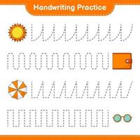 Handwriting practice. Tracing lines of Sun, Umbrella, Wallet, and Sunglasses. Educational children game, printable worksheet, vector illustration