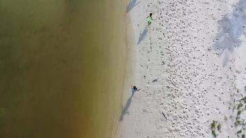 vue aérienne depuis un drone d'une famille asiatique heureuse de mère et de filles s'amusant à jouer sur la plage pendant les vacances d'été. voyage d'été en famille à la plage. concept de voyage et de vacances. video