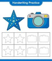 práctica de escritura a mano. trazando líneas de estrellas de mar y cámara. juego educativo para niños, hoja de cálculo imprimible, ilustración vectorial vector