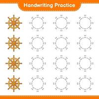 Handwriting practice. Tracing lines of Ship Steering Wheel. Educational children game, printable worksheet, vector illustration