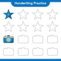 Handwriting practice. Tracing lines of Starfish and Camera. Educational children game, printable worksheet, vector illustration