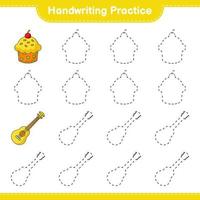 Handwriting practice. Tracing lines of Ukulele and Cup Cake. Educational children game, printable worksheet, vector illustration