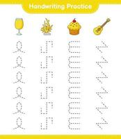 Handwriting practice. Tracing lines of Cocktail, Coral, Cup Cake, and Ukulele. Educational children game, printable worksheet, vector illustration