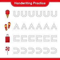 Handwriting practice. Tracing lines of Ice Cream, Flip Flop, Travel Bag, and Candy. Educational children game, printable worksheet, vector illustration