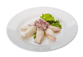 Boiled squid on the plate and white background photo