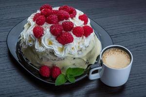 Coffee with raspberry cake photo