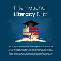 cartel del día internacional de la alfabetización. Ilustración de vector de concepto de educación con pila de libros.