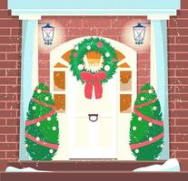 Vector illustration of house entrance decorated with christmas wearth and trees. Frozen windows with light inside. Cozy winter exterior with snow falling.