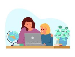 educación en el hogar o educación en línea. madre con hija sentada frente a la computadora portátil aprendiendo. ilustración vectorial plana.
