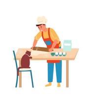 Boy In Apron And Chef Hat Making Dough With Rolling Pin. Kitchen Table With Eggs, Flour and Cat. Flat Vector Illustration.