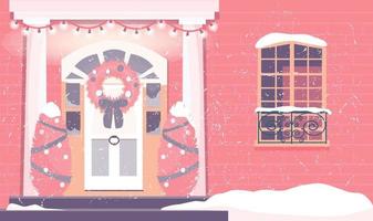 ilustración vectorial de la entrada de la casa decorada con ropa navideña, árboles y guirnaldas. acogedor exterior de invierno con nieve cayendo. vector