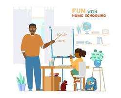 Afroamerican Dad Or Tutor Teaching Child At Home Using Pointer And Flipchart. Homeschooling Concept. Working Place Interior. Father And Daughter. Flat Vector Illustration.