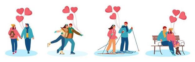 conjunto vectorial de parejas jóvenes enamoradas de globos en forma de corazón celebrando el día de san valentín al aire libre. caminar de la mano, patinar sobre hielo, esquiar a campo traviesa, sentarse en un banco del parque cubierto de nieve. vector