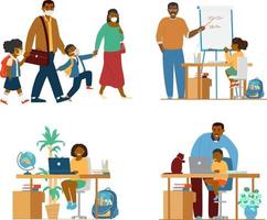 conjunto de familia afroamerciana con escolares en diferentes situaciones. ir a la escuela con máscaras protectoras, educación en el hogar, hacer la tarea. ilustración vectorial plana. vector