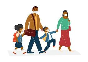 padres afroamericanos con niños con máscaras protectoras que van a la escuela. regreso a la escuela durante el concepto de pandemia de coronavirus. alumnos de primaria en uniforme. ilustración vectorial plana.